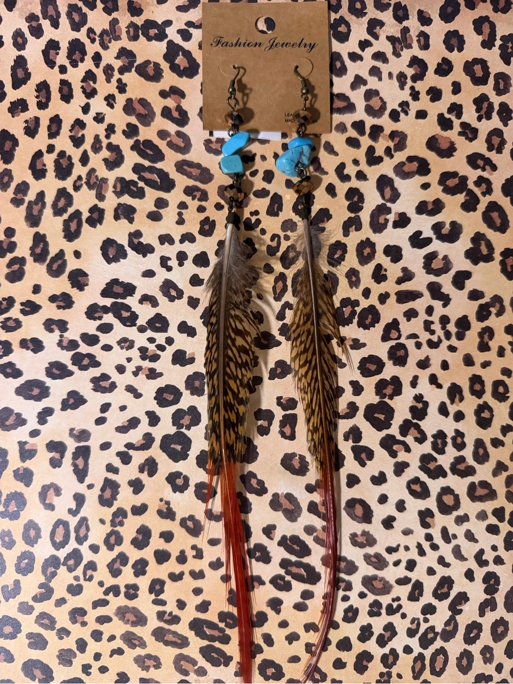 Boho Style Turquoise Chip & Brown Feather Drop Earrings w/Orange Tips